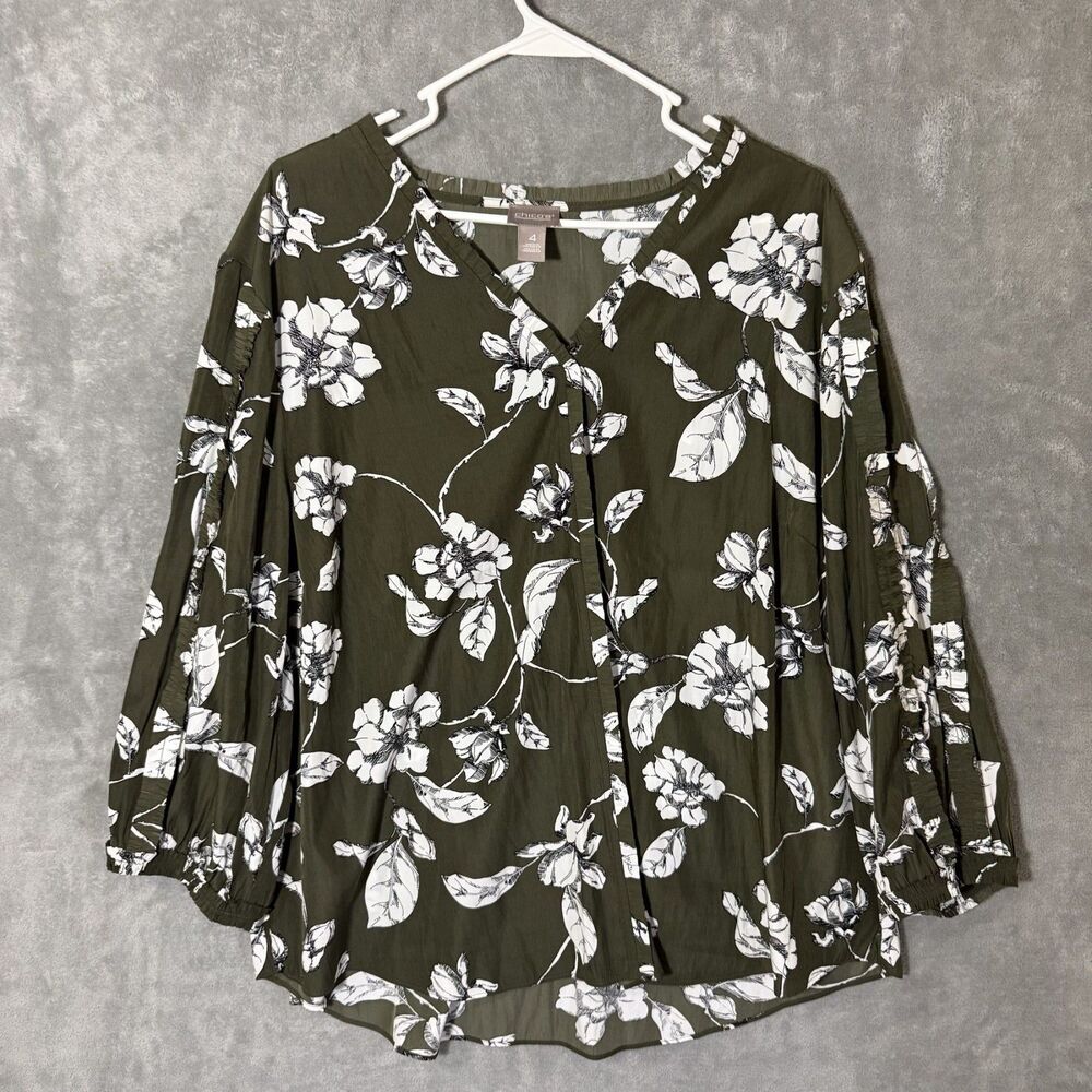 Chico's Top 2XL Sz 4 Sz 22/24 Olive Green White Floral V Neck 3/4 Sleeve Tunic